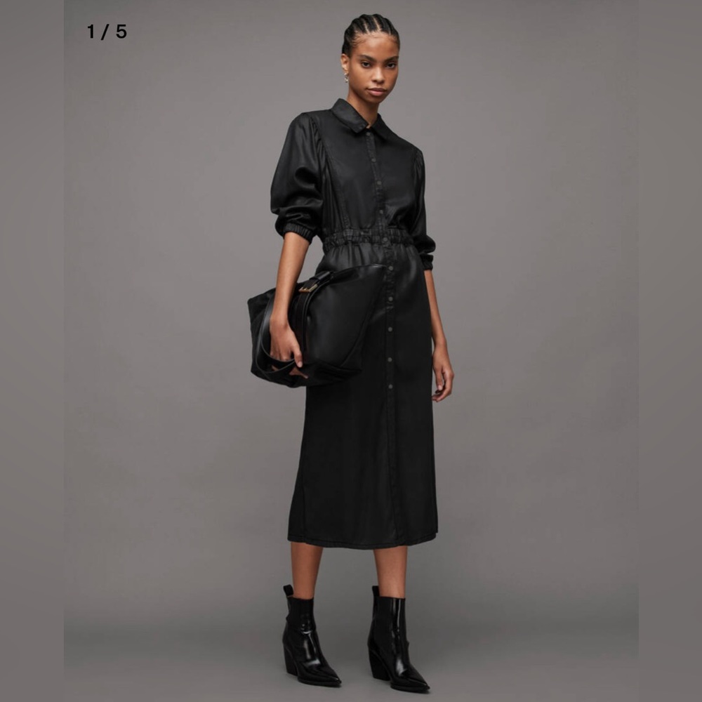 All Saints Osa Coated Denim Midi Shirt Dress, Black, UK 10 US 6 EU 38, NWOT